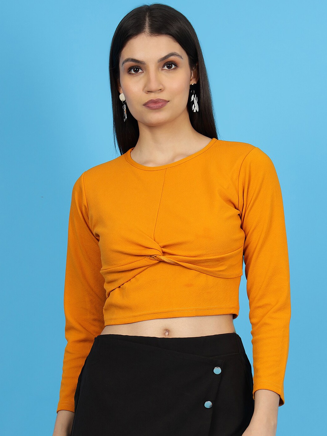 

Wool Trees Round Neck Twisted Crop Top, Mustard