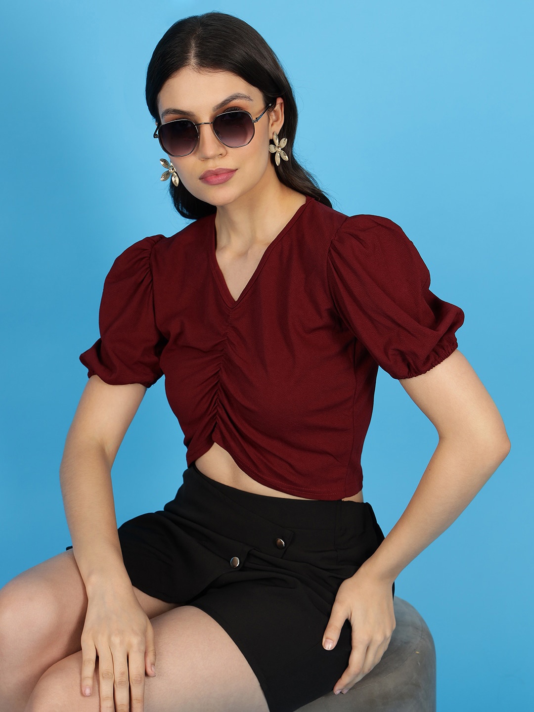 

Wool Trees V-Neck Puff Sleeve Crop Top, Maroon