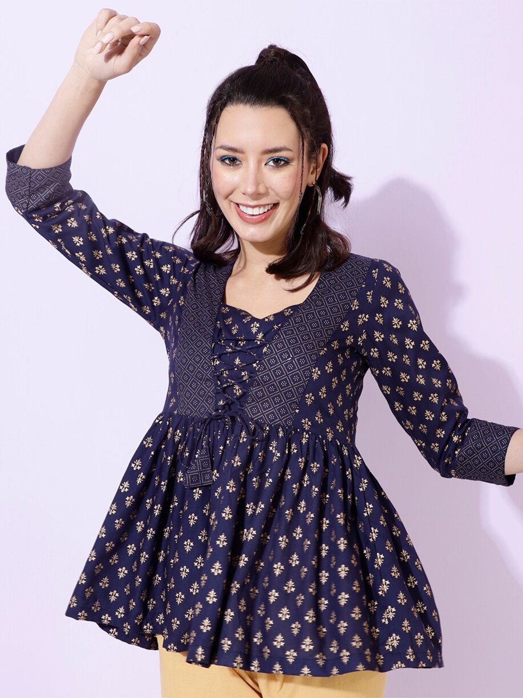 

DAEVISH Ethnic Motif Print Square Neck Three-Quarter Sleeves Empire Top, Blue
