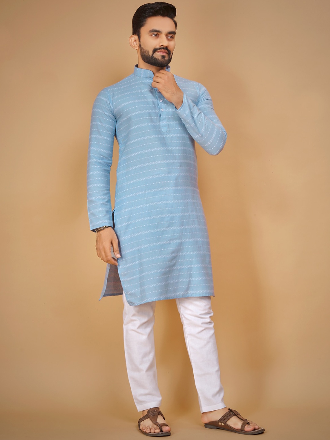 

Ekasya Striped Thread Work Cotton A-Line Kurta, Blue
