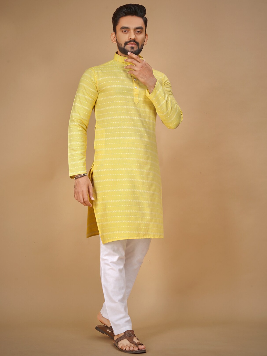 

Ekasya Striped Woven Design Thread Work Cotton Straight Kurta, Yellow
