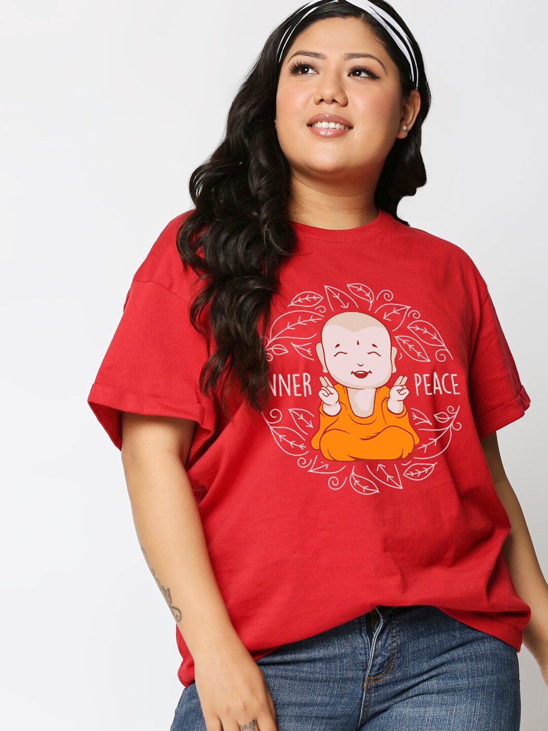 Bewakoof Plus Relaxed Fit Inner Peace Graphic Printed Pure Cotton T-shirt, Red