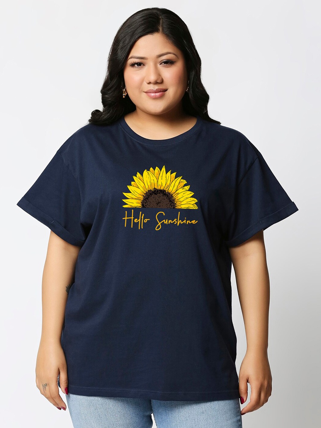 

Bewakoof Plus Relaxed-Fit Hello Sunshine Graphic Printed Pure Cotton T-shirt, Blue