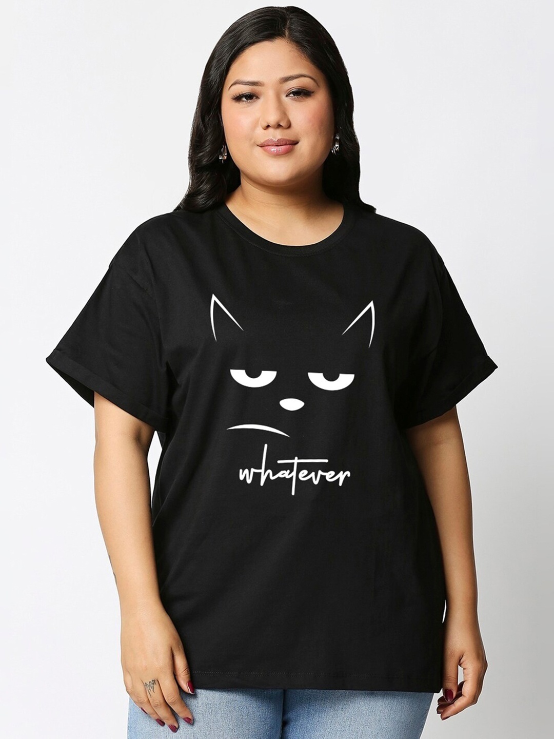 

Bewakoof Plus Graphic Printed Pure Cotton Boyfriend T-shirt, Black