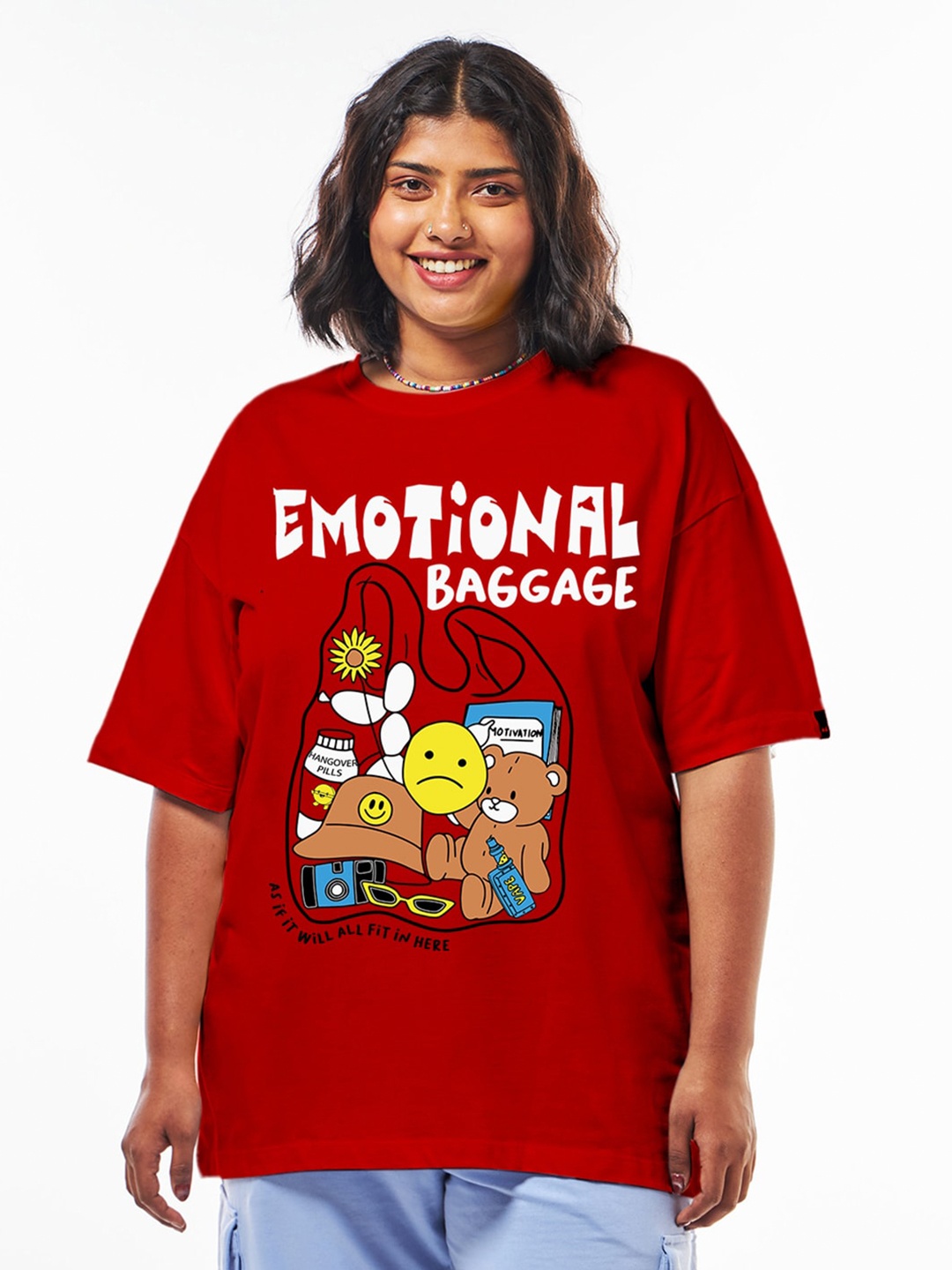 

Bewakoof Plus Emotional Baggage Printed Pure Cotton Oversized T-shirt, Red