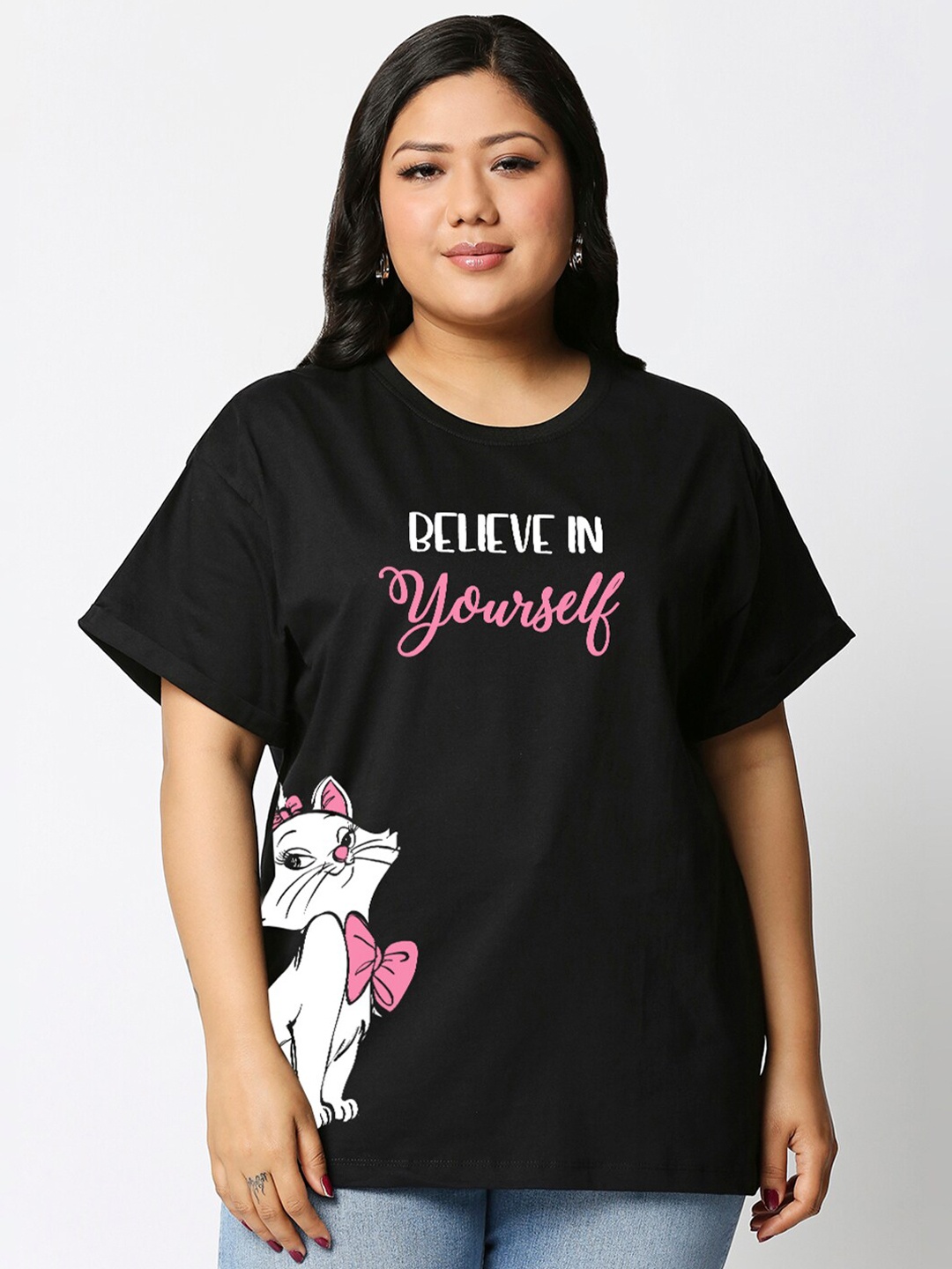 

Bewakoof Plus Graphic Printed Pure Cotton Boyfriend T-shirt, Black