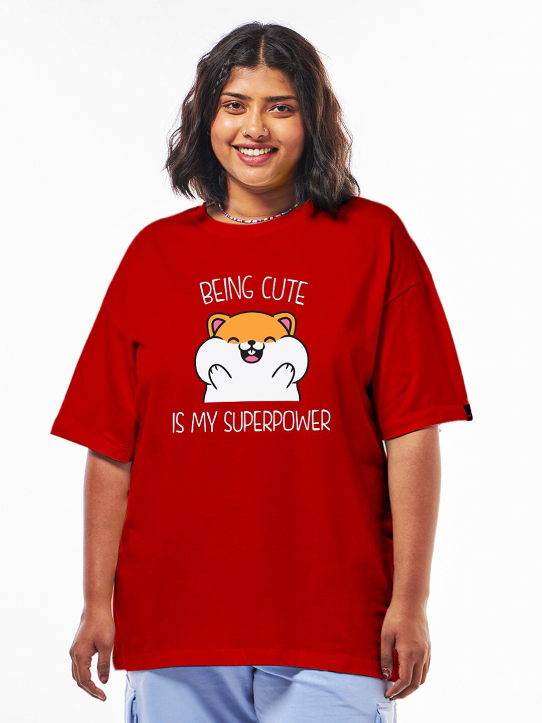 

Bewakoof Plus Graphic Printed Roud Neck Pure Cotton Oversized T-shirt, Red