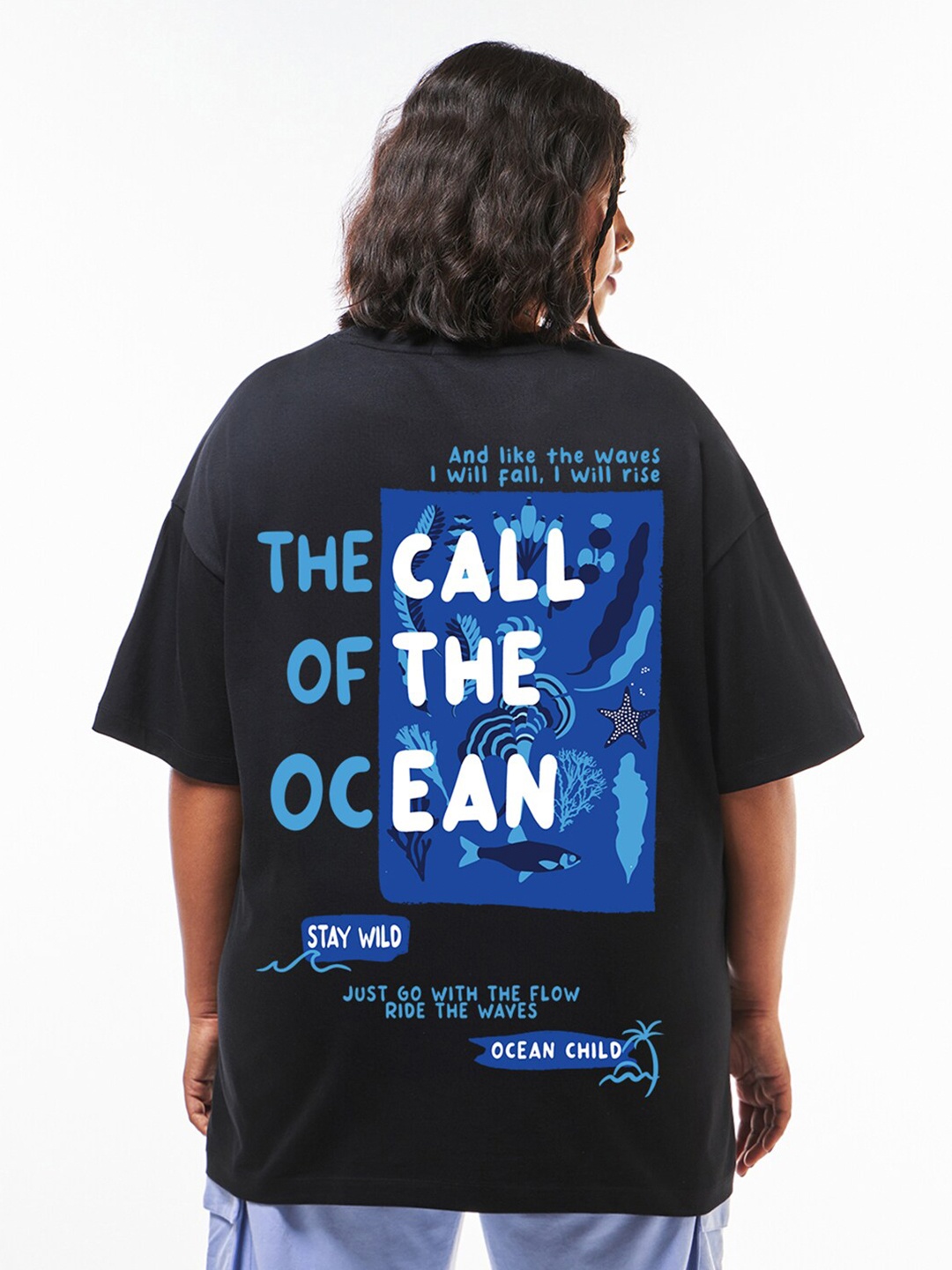 

Bewakoof Plus Ocean Child Graphic Printed Oversized Pure Cotton T-shirt, Black