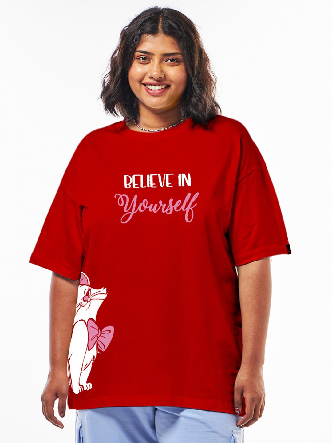 

Bewakoof Plus Believe Cat Graphic Printed Oversized Pure Cotton T-shirt, Red