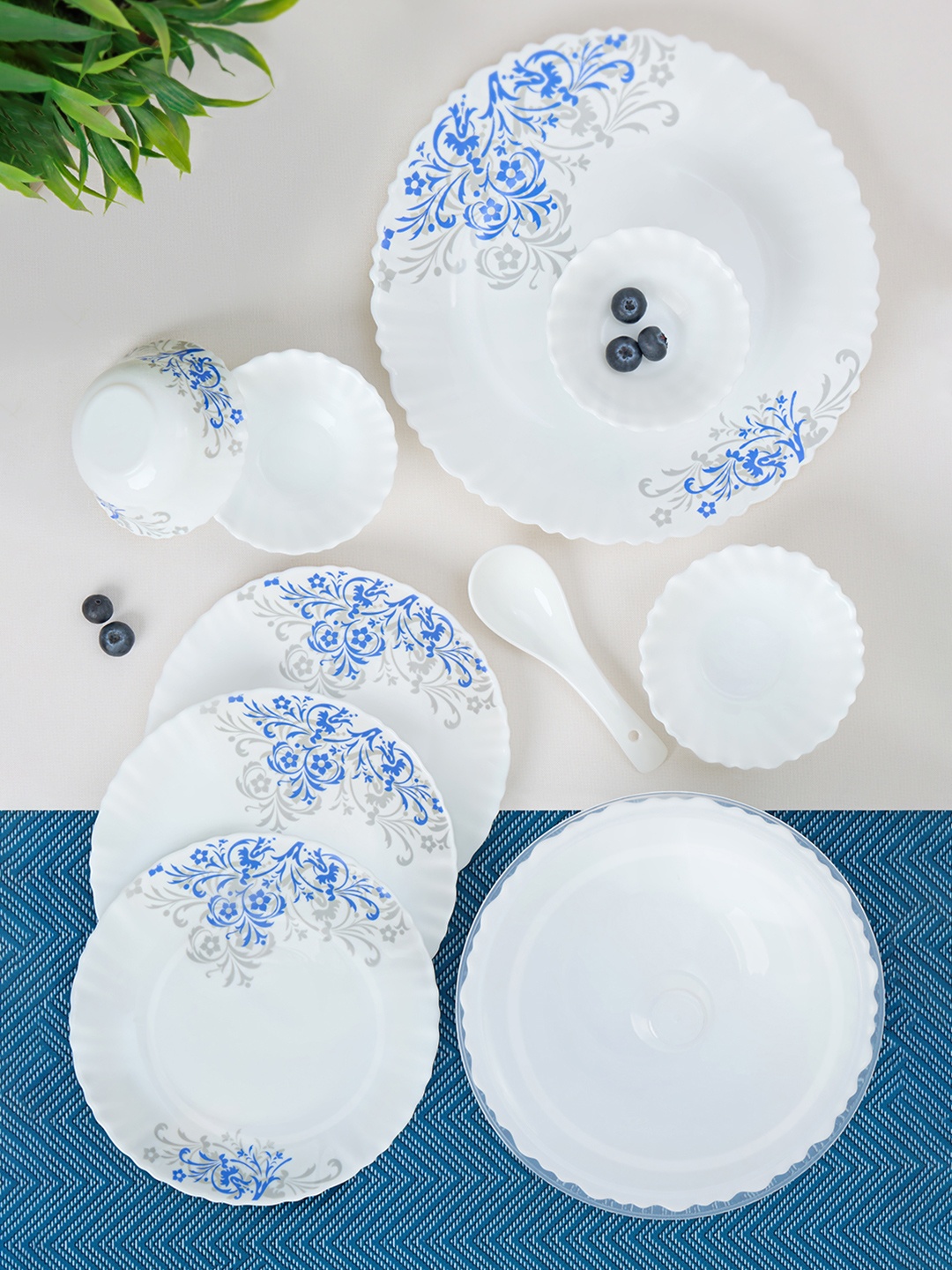 

Larah by BOROSIL Jupiter White & Blue 44 Pieces Printed Opalware Dinner Set