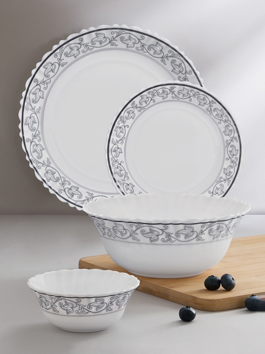 

Larah by BOROSIL Jupiter White & Grey 17 Pieces Printed Opalware Crockery Dinner Set