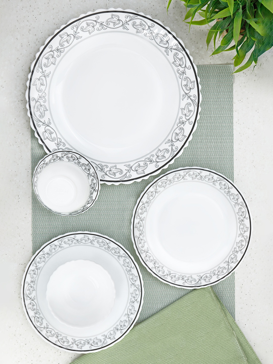 

Larah by BOROSIL Jupiter White & Grey 24 Pieces Opalware Crockery Dinner Set