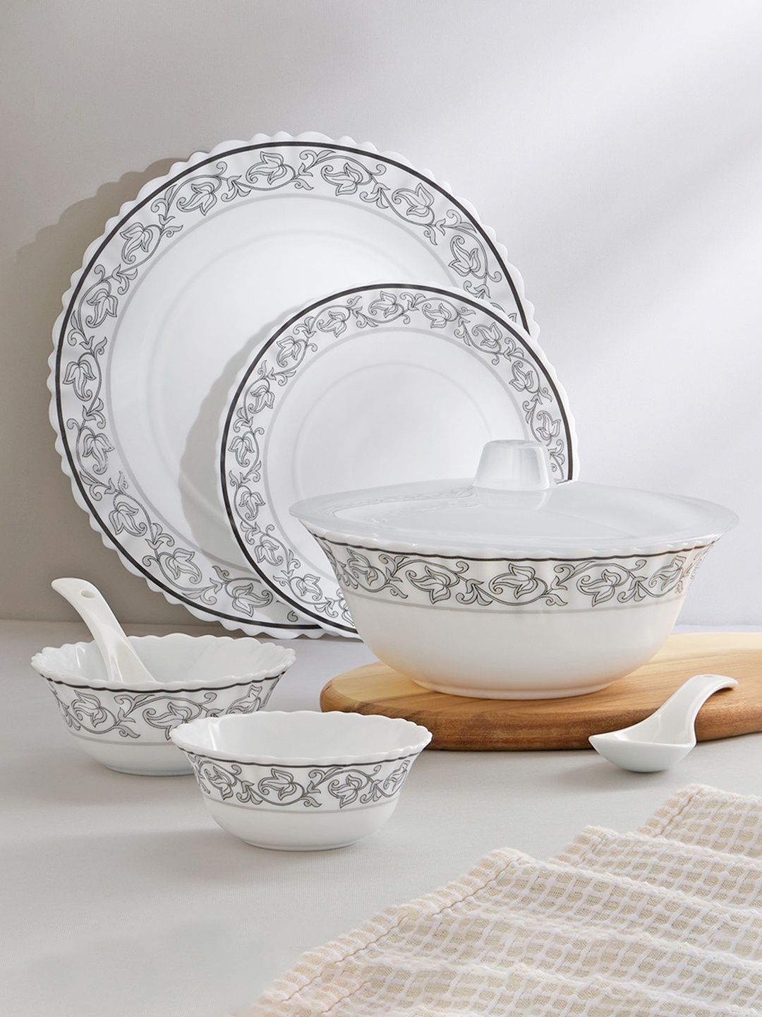 

Larah by BOROSIL Orwin Jupiter White & Grey 44 Pcs Printed Crockery Dinner Set