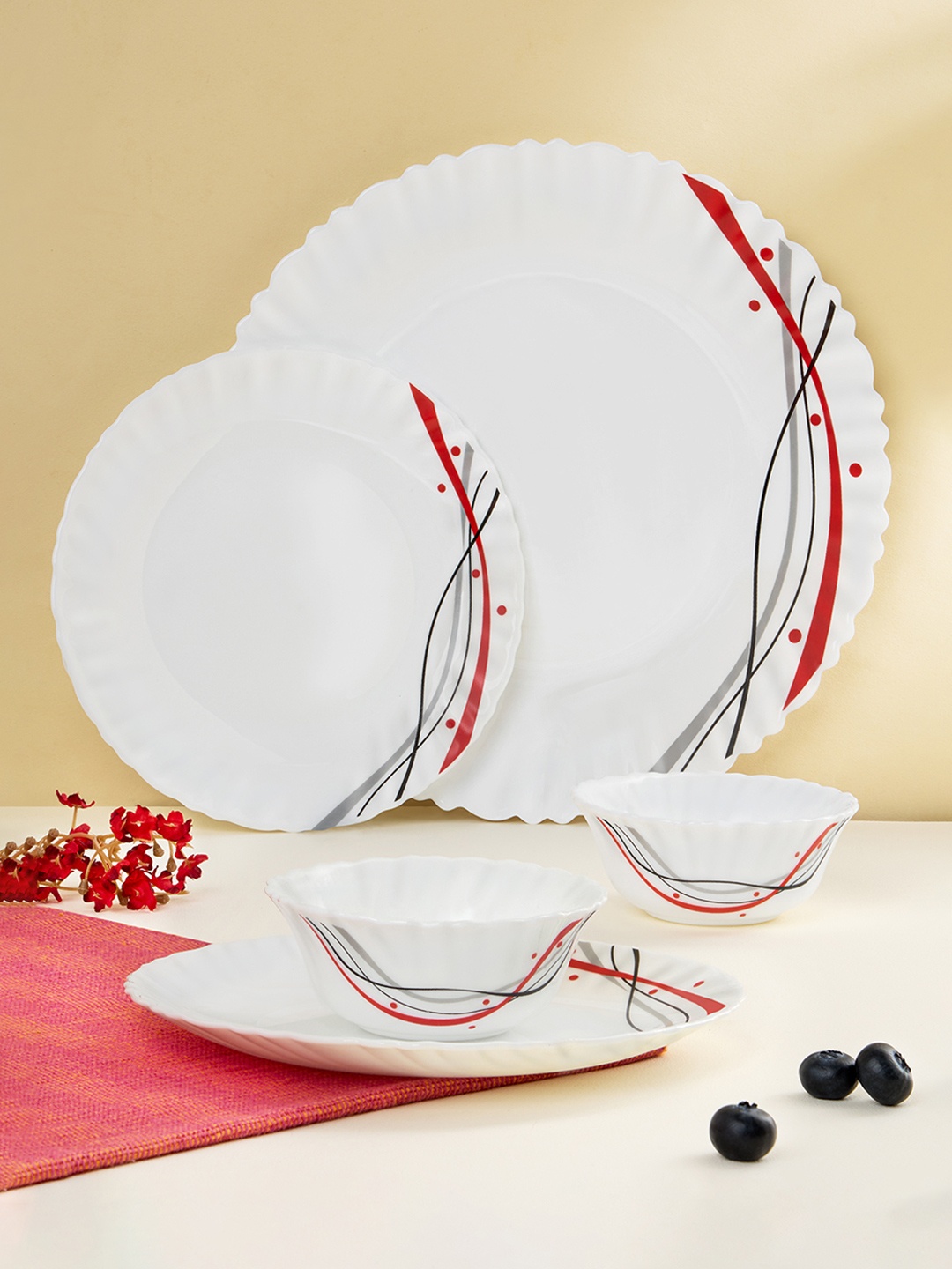 

Larah by BOROSIL Jupiter White & Red 24 Pcs Printed Opalware Dinner Set