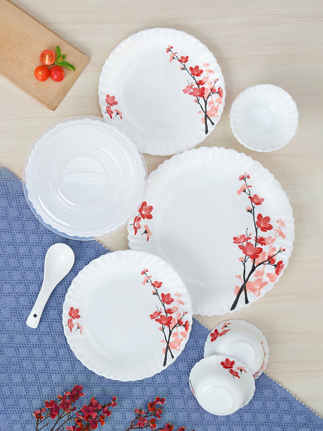 

Larah by BOROSIL Jupiter White & Red 34 Pieces Printed Opalware Dinner set