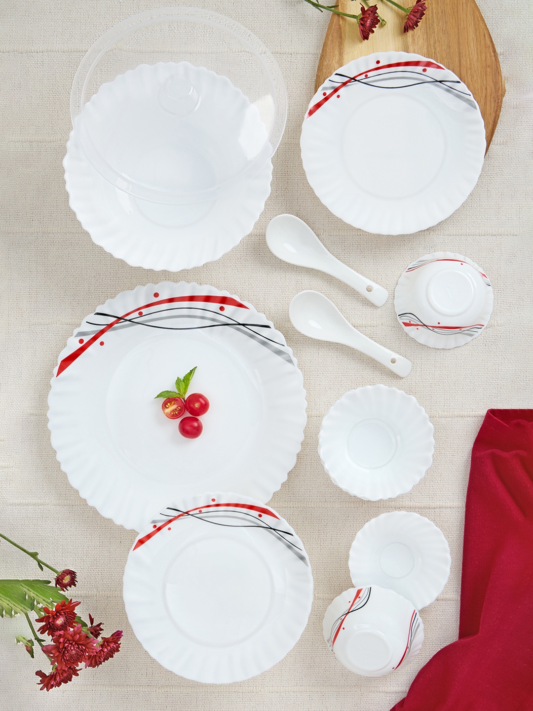 

Larah by BOROSIL Jupiter White & Red 44 Pieces Opalware Crocker Dinner Set