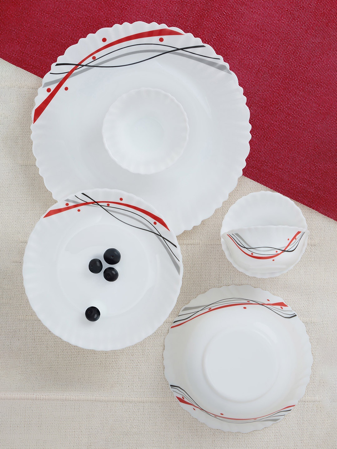 

Larah by BOROSIL Nyla Jupiter White & Red 17 Pcs Opalware Crocker Dinner Set