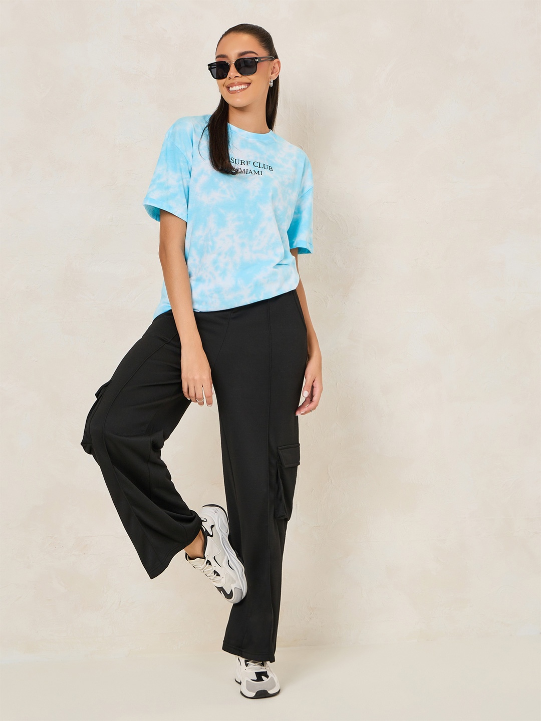 

Styli Oversized Surf Club Slogan Tie & Dye Round Neck T-shirt, Blue