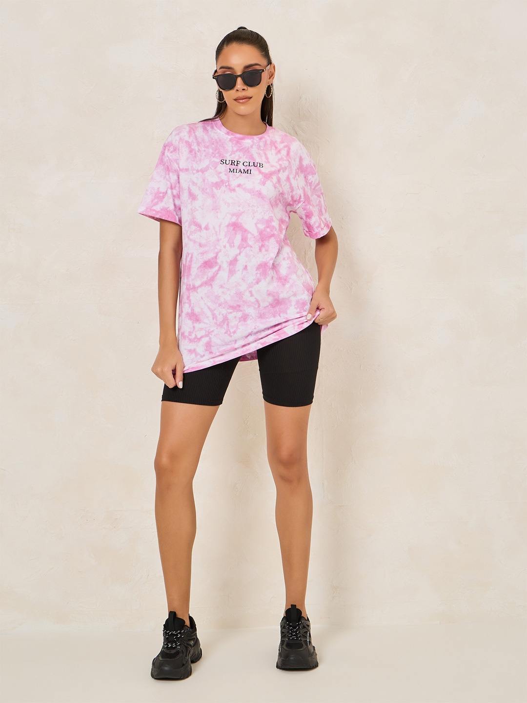 Styli Oversized Surf Club Slogan Tie & Dye Round Neck T-Shirt, Pink