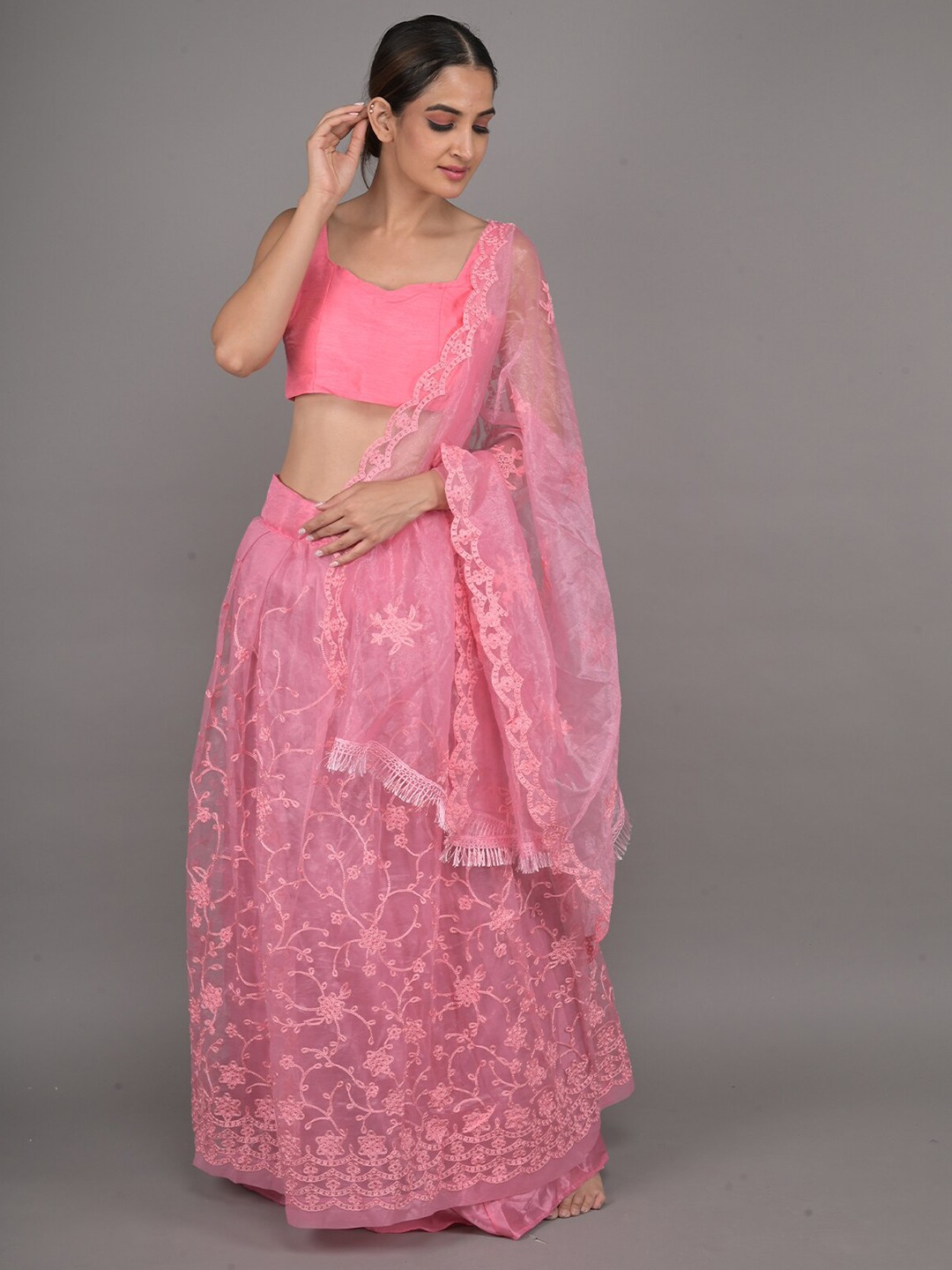 

ODETTE Floral Embroidered Unstitched Lehenga & Blouse With Dupatta, Pink
