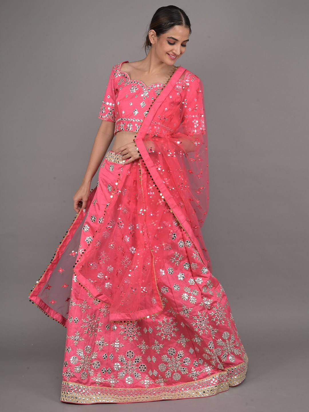 

ODETTE Embellished Mirror Work Ready to Wear Lehenga & Blouse With Dupatta, Pink
