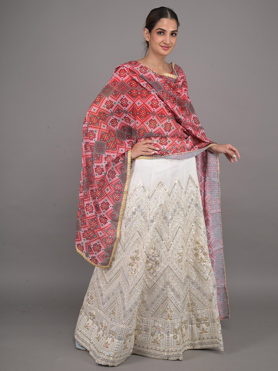 

ODETTE Embroidered Sequinned Unstitched Lehenga & Blouse With Dupatta, White