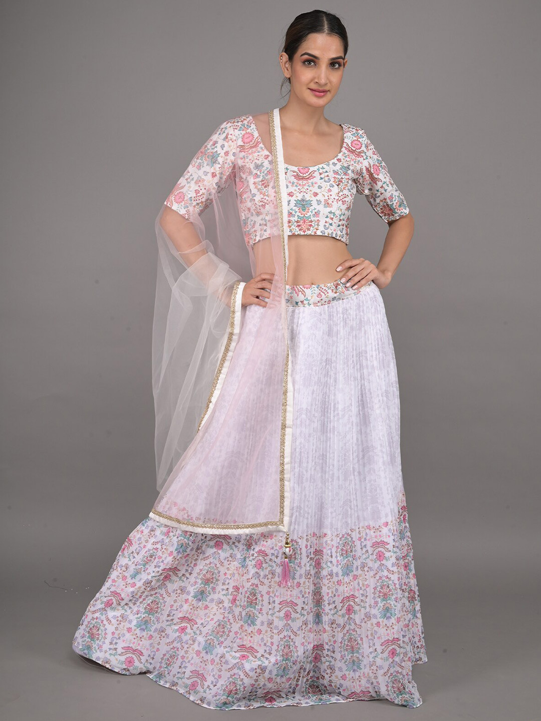 

ODETTE Floral Printed Ready to Wear Lehenga & Blouse With Dupatta, White