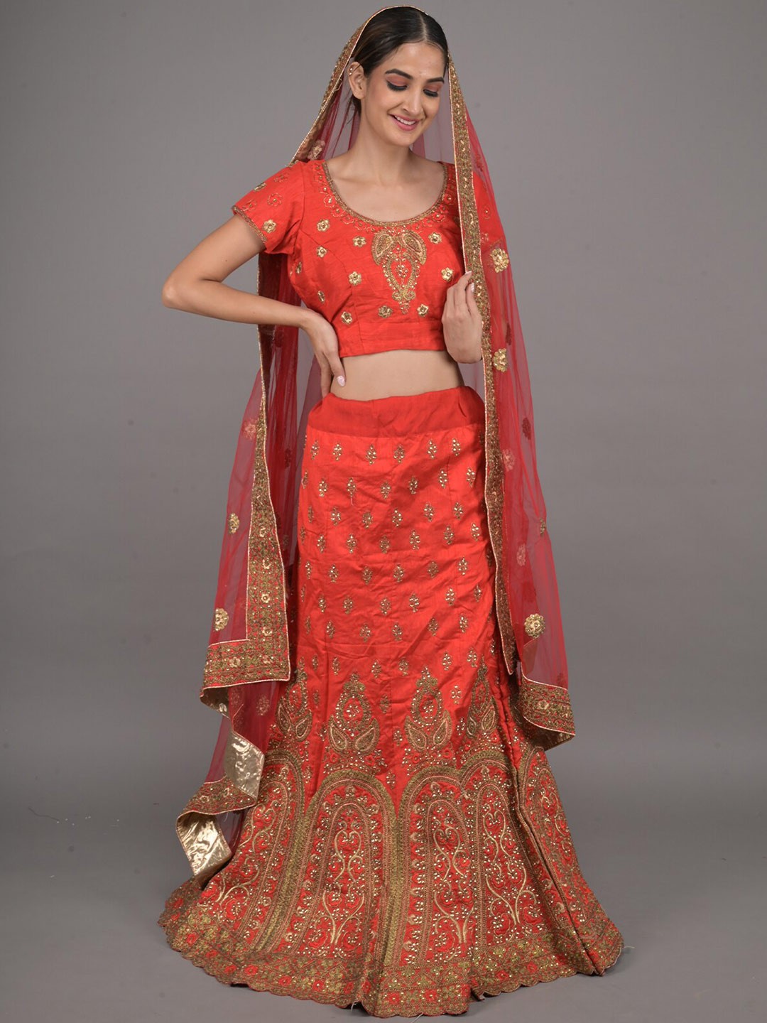 

ODETTE Embroidered Beads and Stones Ready to Wear Lehenga & Blouse With Dupatta, Red