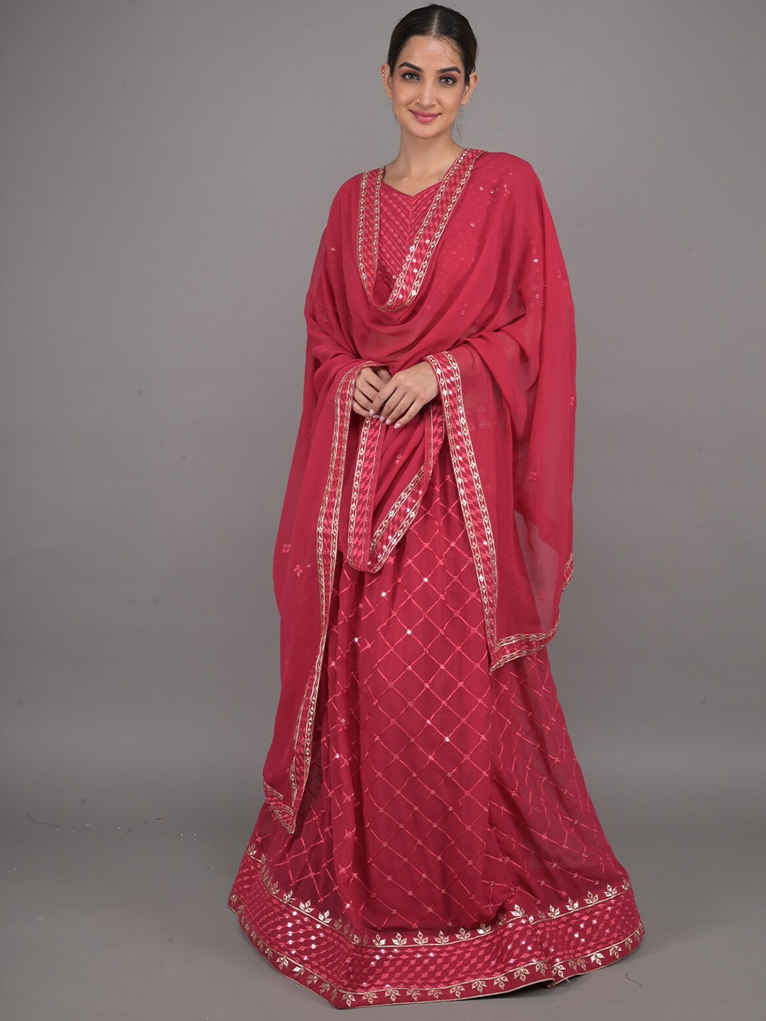 

ODETTE Embroidered Mirror Work Ready to Wear Lehenga & Blouse With Dupatta, Maroon