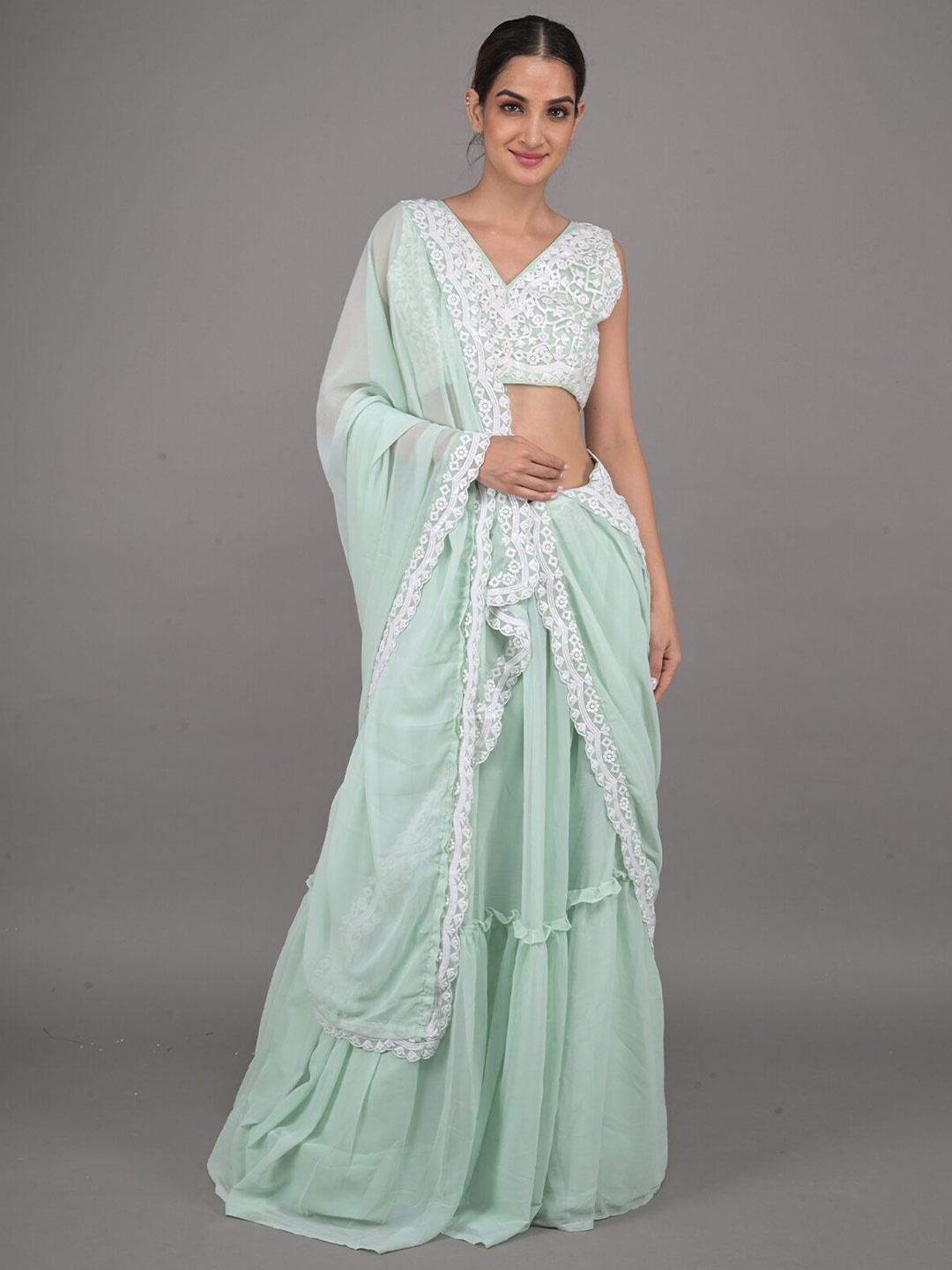 

ODETTE Embroidered Semi-Stitched Lehenga & Unstitched Blouse With Dupatta, Green
