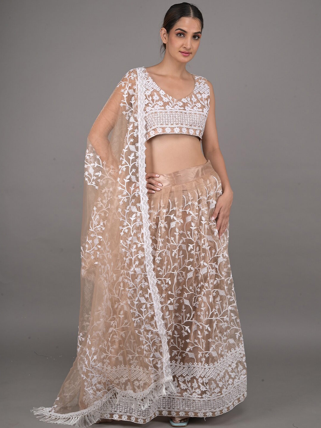 

ODETTE Embroidered Thread Work Ready to Wear Lehenga & Blouse With Dupatta, Beige