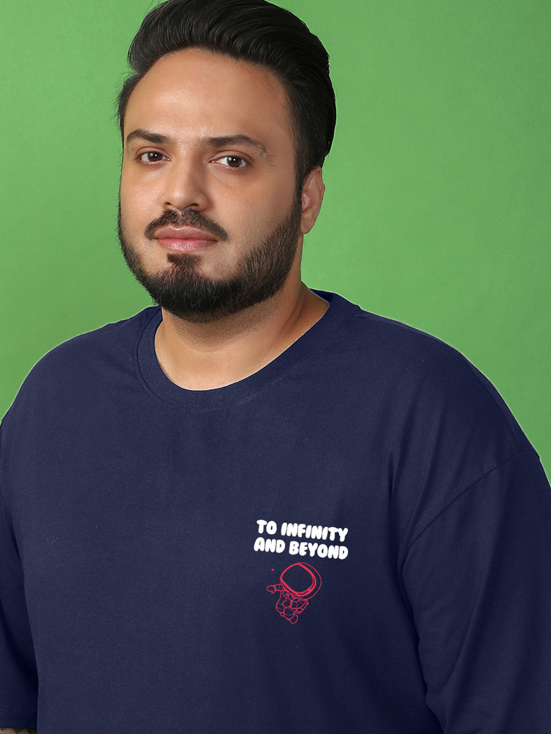 

Bewakoof Plus Infinity Space Graphic Printed Oversized T-Shirt, Blue