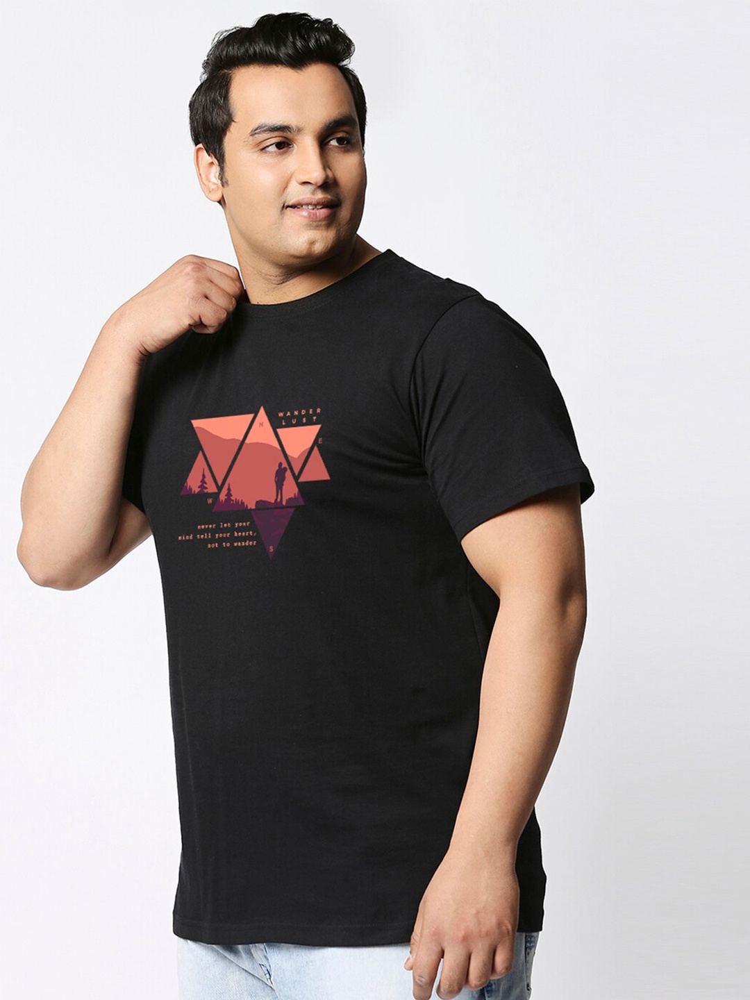 

Bewakoof Plus Wander Geometry Graphic Printed Pure Cotton Regular-Fit T-shirt, Black