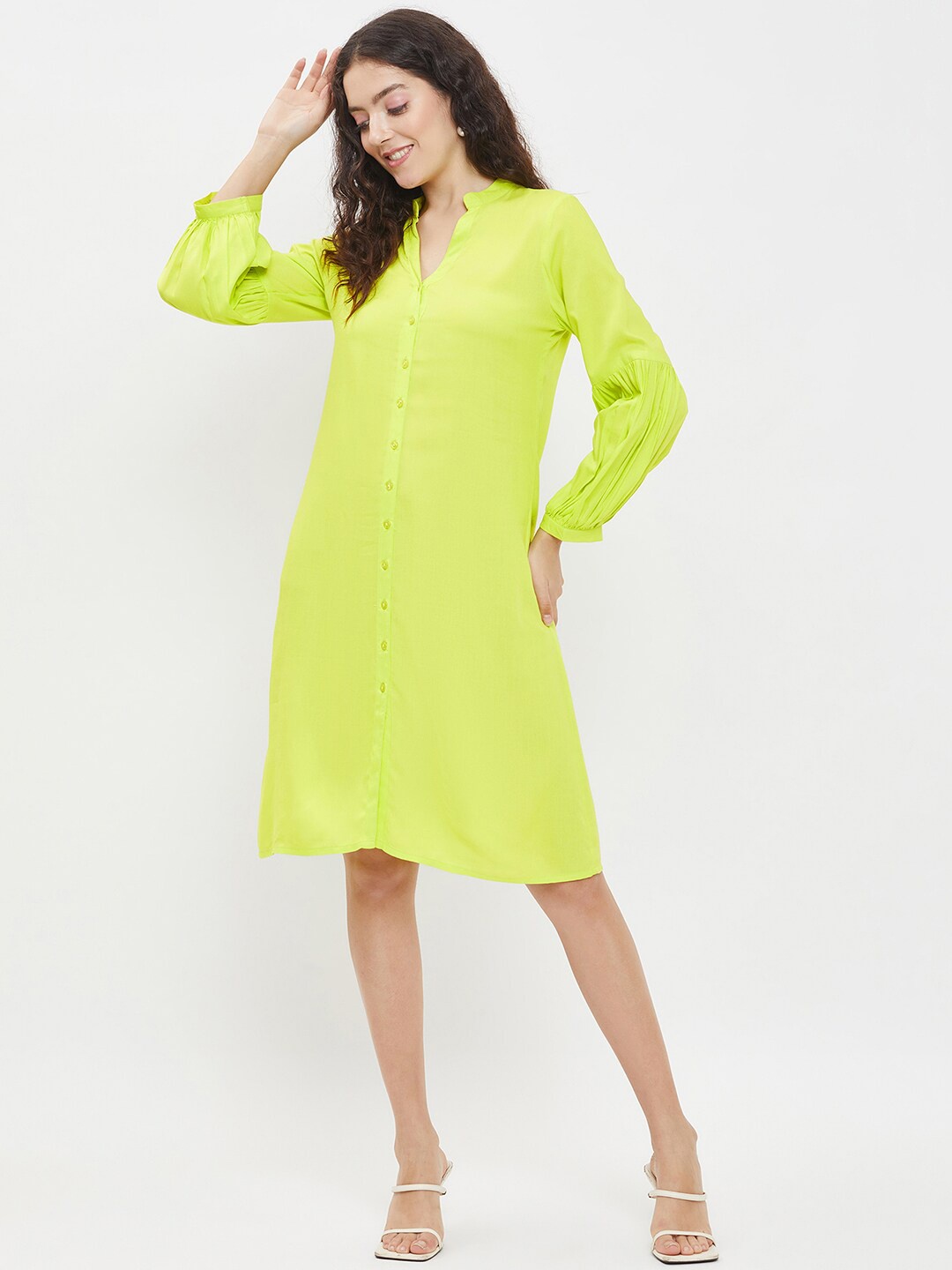 

BAESD Mandarin Collar Long Puff Sleeve Shirt Style Dress, Lime green