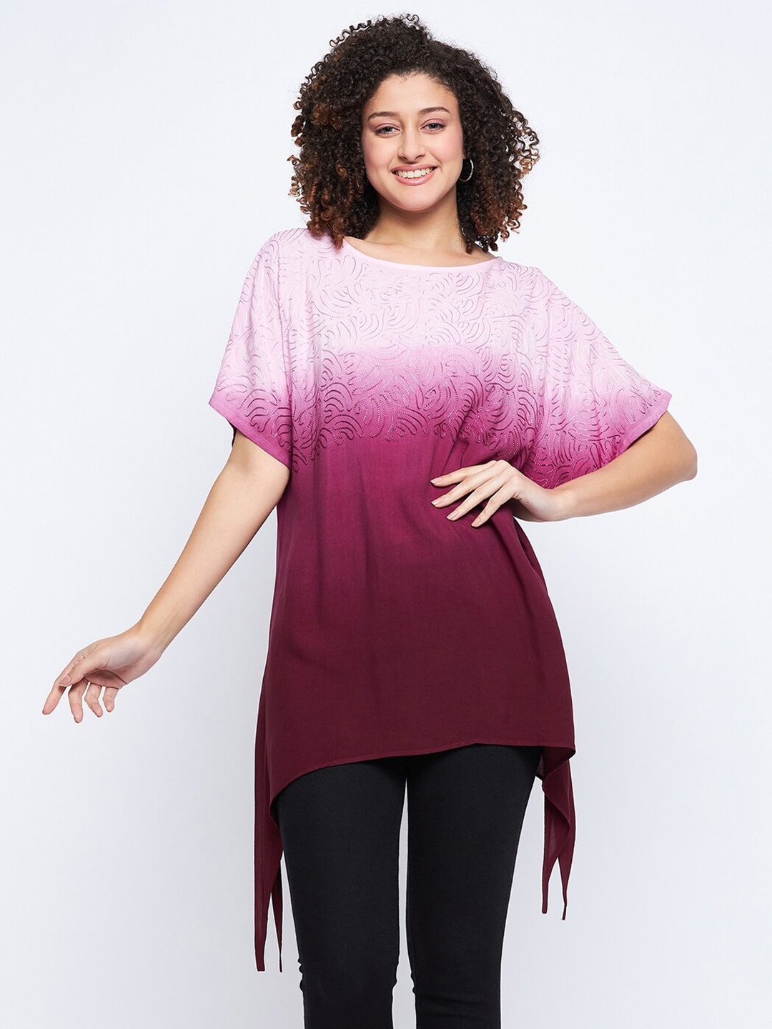 

BAESD Ombre Tie and Dye Embroidered Extended Sleeves Round Neck High-Low Longline Top, Pink