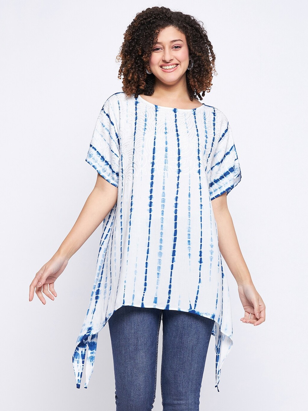 

BAESD Tie and Dye Embroidered Extended Sleeves Round Neck Longline Top, Blue