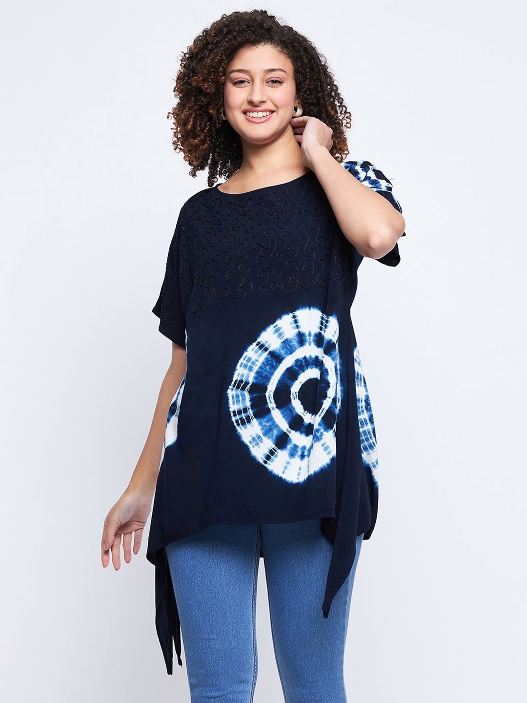 

BAESD Tie and Dye Print Extended Sleeves Round Neck Longline Top, Navy blue