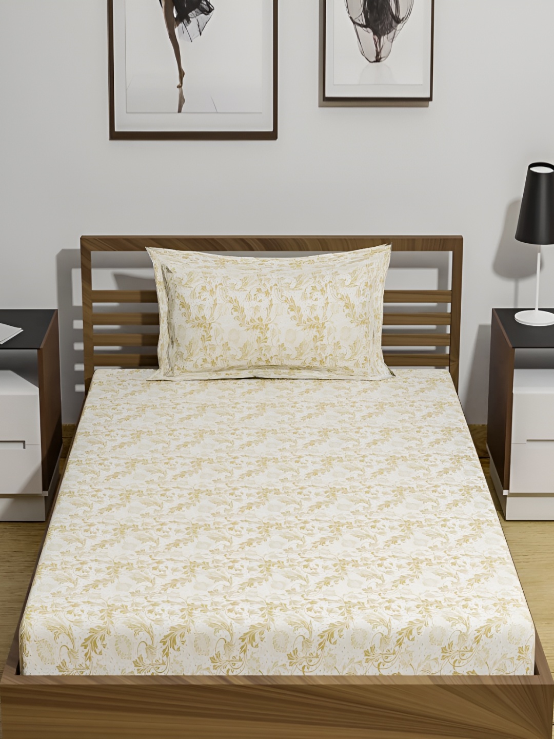 

PHOEBEE White & Yellow Floral 120 TC Single Bedsheet with 1 Pillow Covers