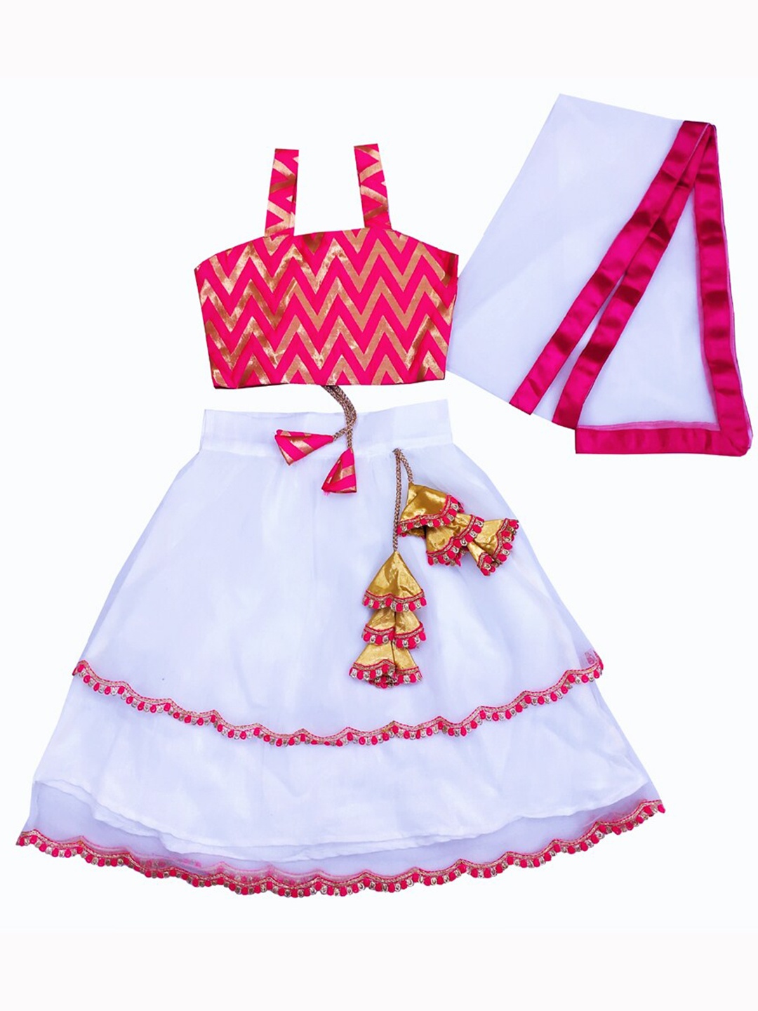 

BAESD Girls Printed Ready to Wear Lehenga & Blouse With Dupatta, White