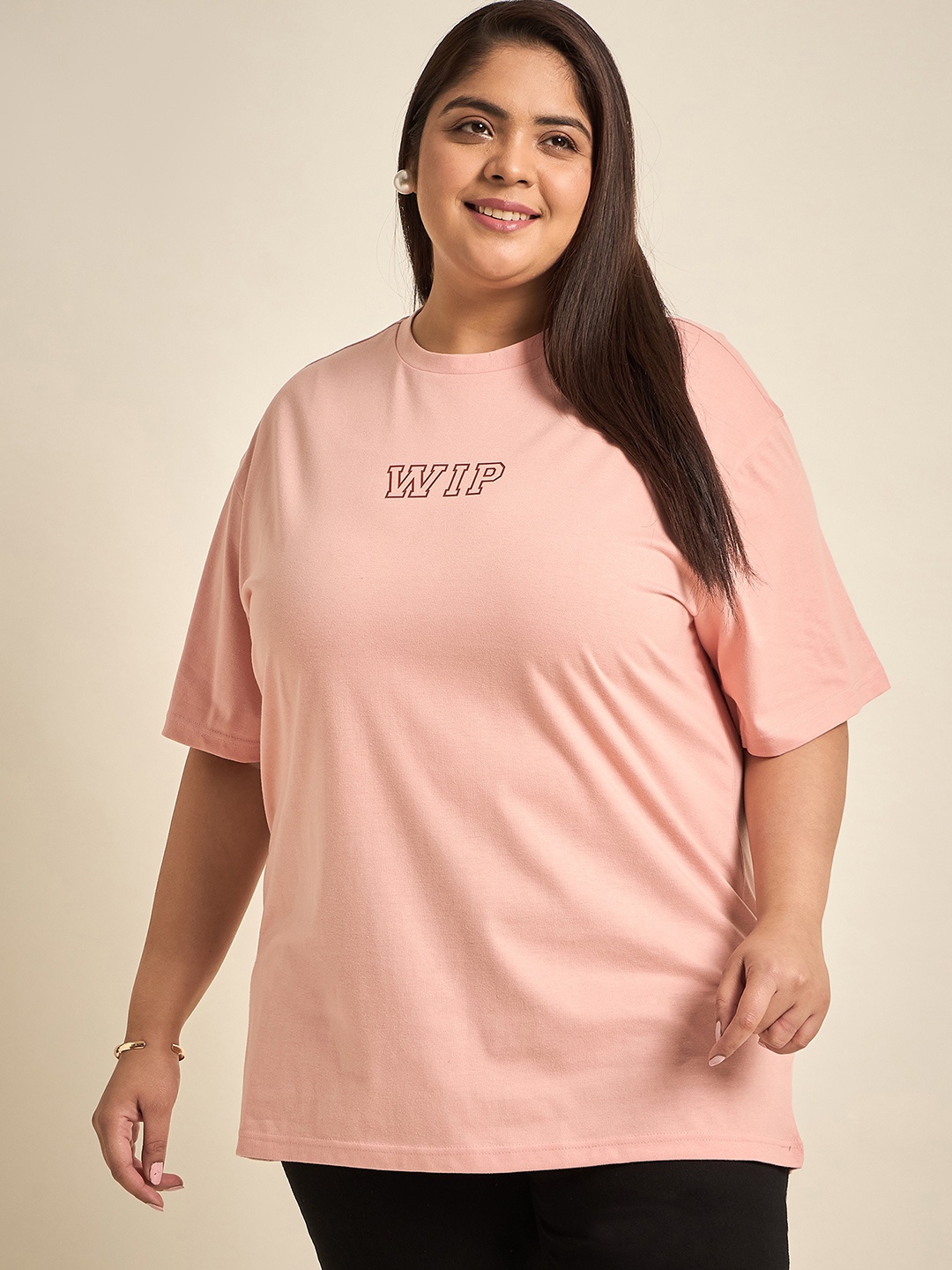 

Sztori Typography Printed Three-Quarter Sleeves Round Neck Cotton T-shirt, Nude