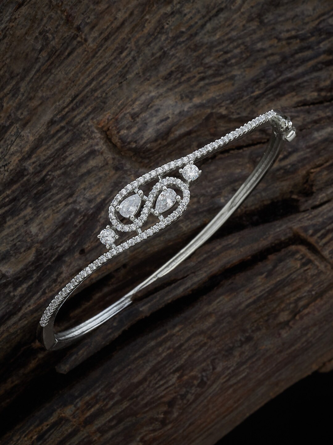 

Kushal's Fashion Jewellery Rhodium-Plated Cubic Zirconia Studded Kada Bracelet, Silver