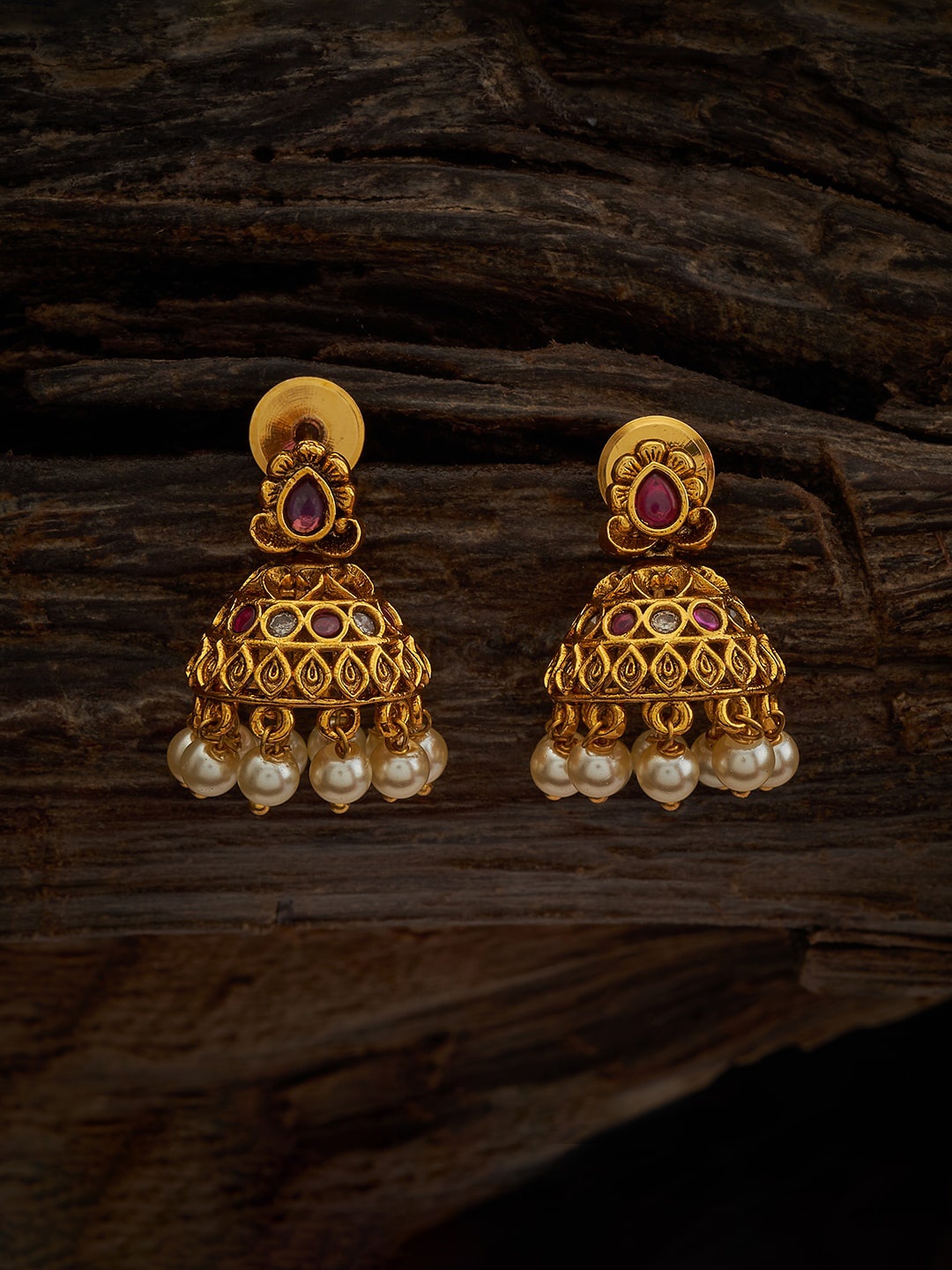 

Kushal's Fashion Jewellery Gold-Plated Stone-Studded & Beaded Antique Jhumkas