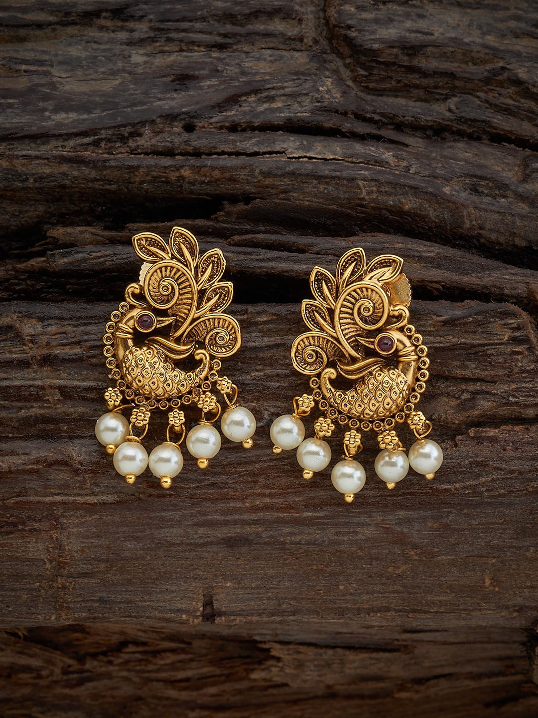 

Kushal's Fashion Jewellery Gold-Plated Stones Studded Peacock Shaped Drop Earrings