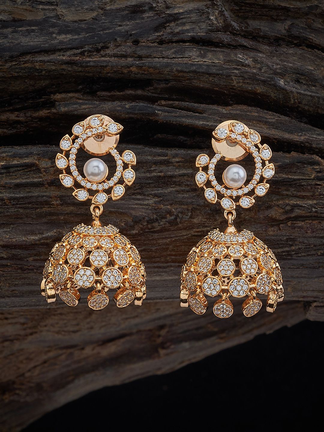 

Kushal's Fashion Jewellery Gold-Plated Cubic Zirconia Studded Dome Shaped Jhumkas