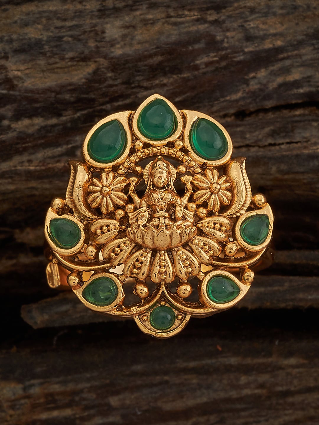 

Kushal's Fashion Jewellery Gold-Plated Stone Studded Floral Antique Finger Ring