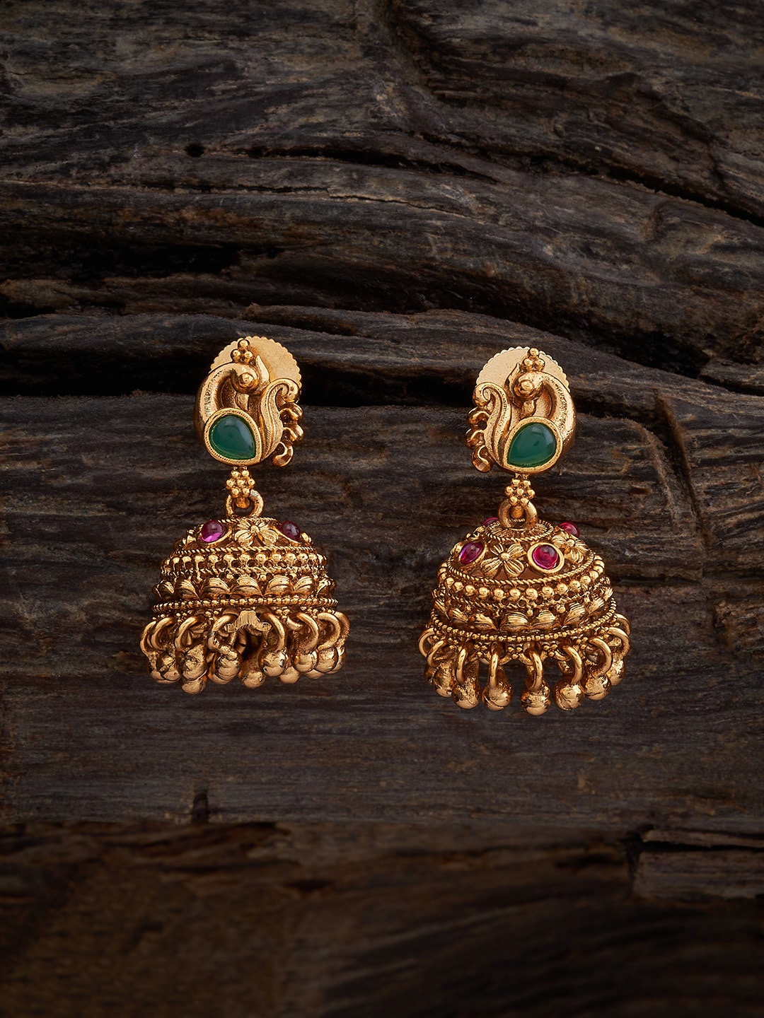 

Kushal's Fashion Jewellery Gold-Plated Artificial Stones Studded Jhumkas Earrings, Red