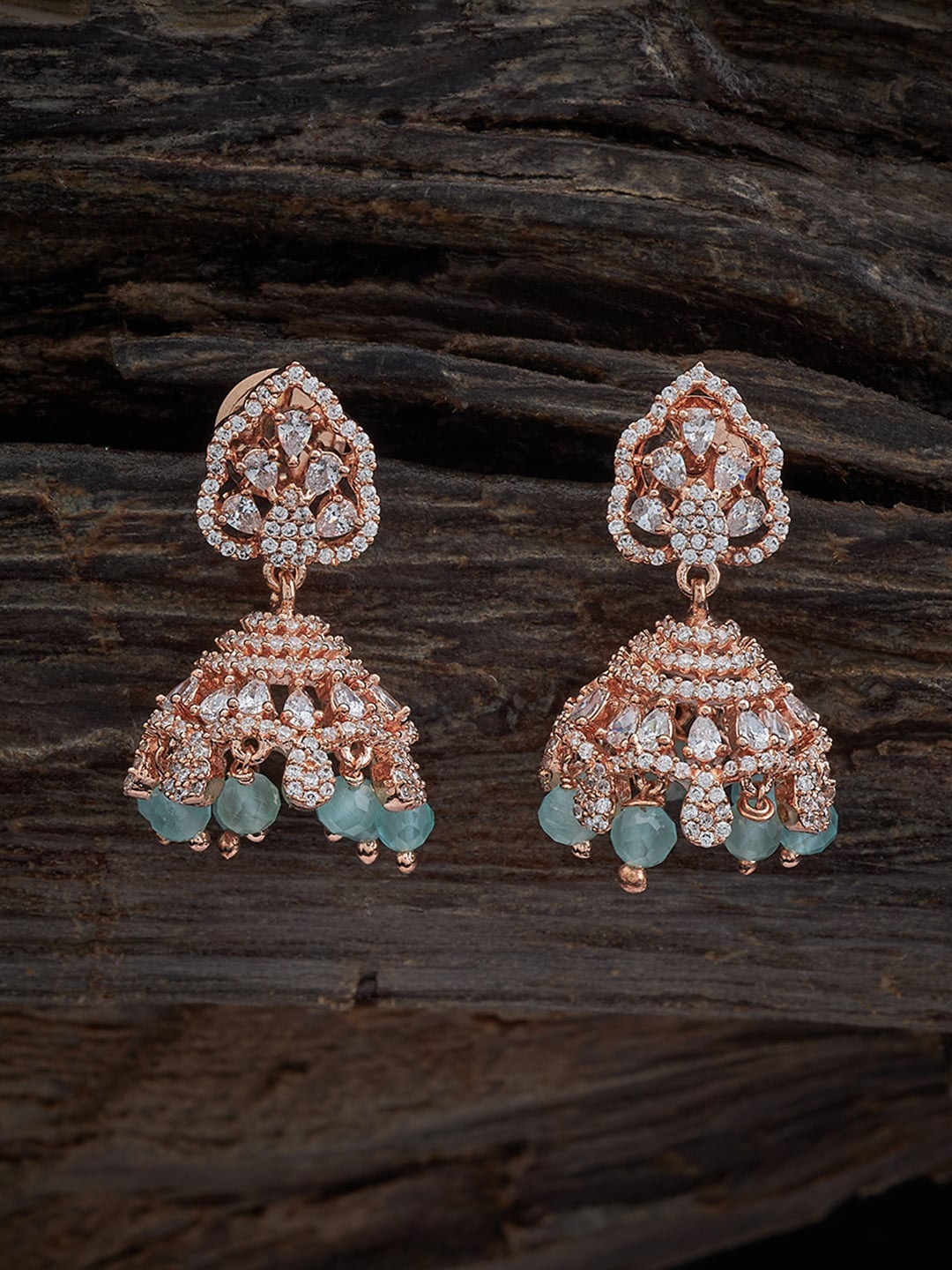 

Kushal's Fashion Jewellery Rose Gold-Plated Cubic Zirconia Studded Jhumkas Earrings, Sea green