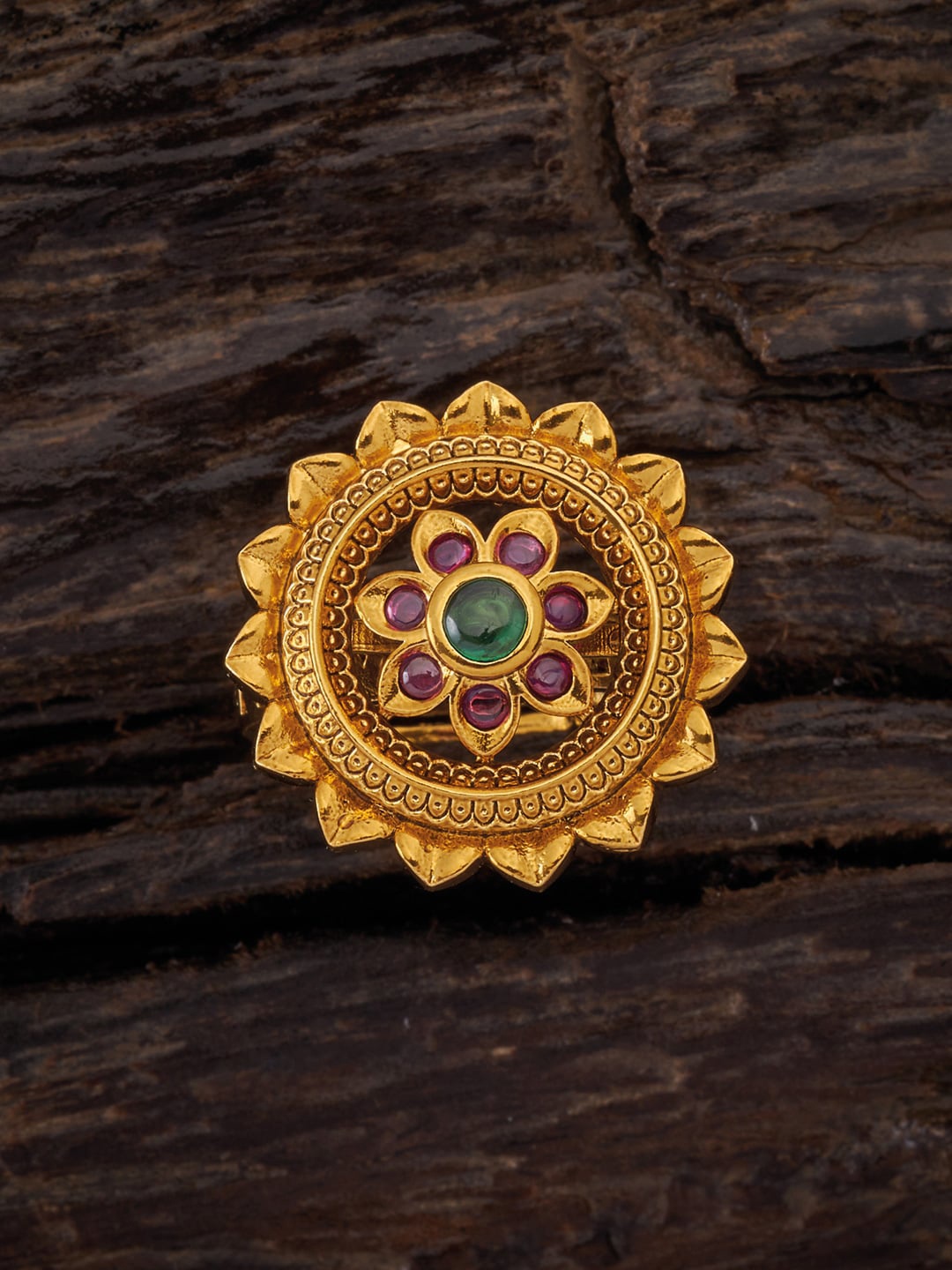 

Kushal's Fashion Jewellery Gold-Plated Ruby-Stone Studded Floral Antique Finger Ring