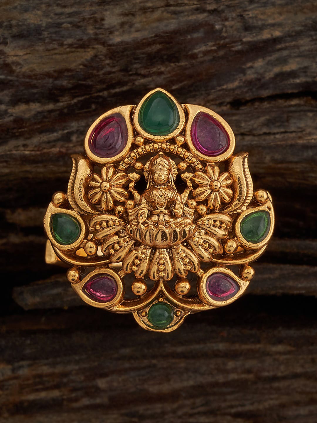 

Kushal's Fashion Jewellery Gold-Plated Ruby-Stone Studded Floral Temple Finger Ring