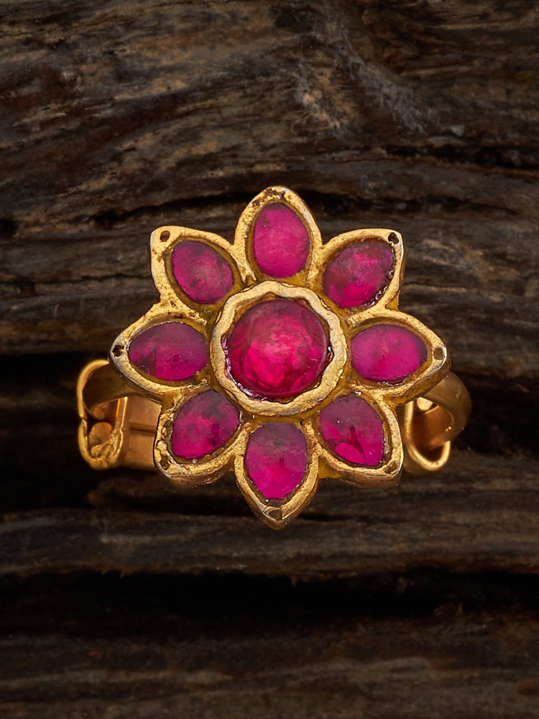 

Kushal's Fashion Jewellery Gold-Plated Ruby-Stone Studded Floral Antique Finger Ring